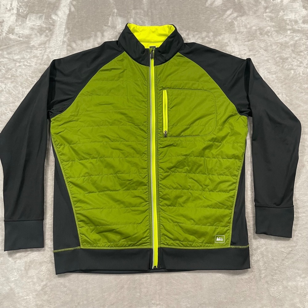 REI Jacket Mens XL Green Insulated Full Zip Outdoors Hiking Quilted Mock Neck